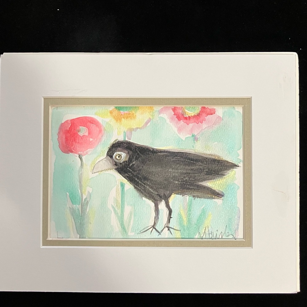 Garden Crow”An Original Watercolor /Mixed Media Painting Matted 5"x7" - Picture 2 of 11